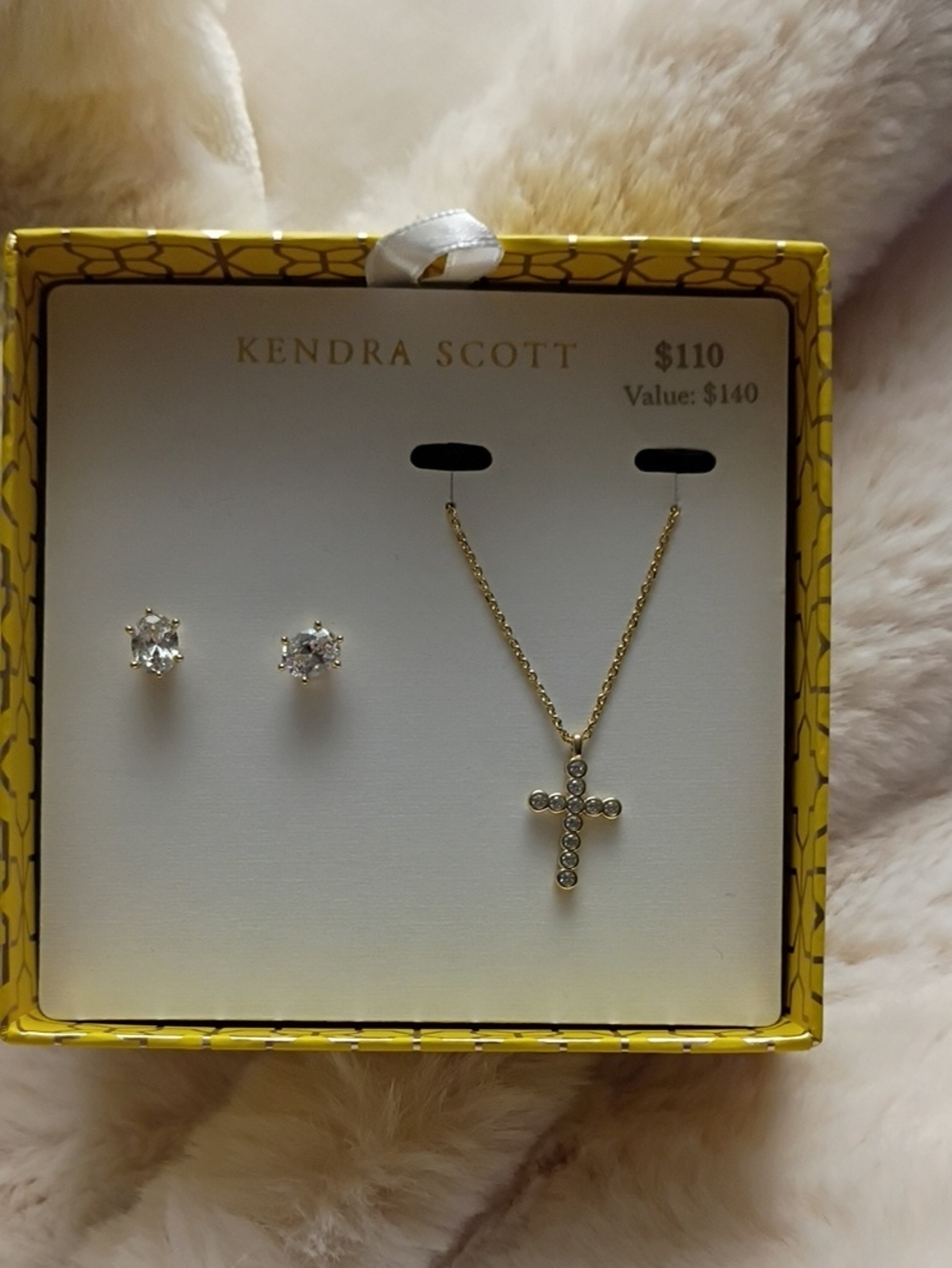 Kendra Scott Gold Cross Necklace with Clear Crystal Stud Earrings